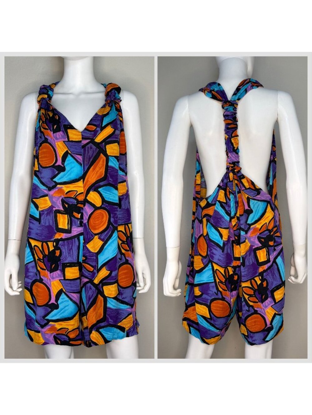 Vintage 1990s Bright Abstract Print Romper, Sleeveless, One Size Fits Many